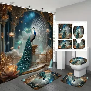 1/4 pcs of a luxurious peacock pattern shower curtain set, including a non-slip mat, U-shaped rug, and toilet seat cover. Perfect for bathroom décor, enhancing the space. Comes with 12 shower curtain hooks.
