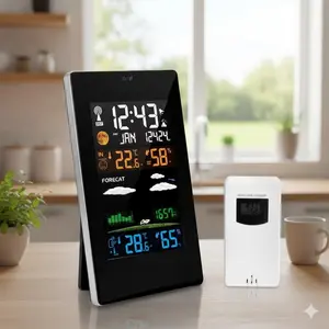Smart Weather Station with Color Display: Indoor Outdoor Wireless Temperature Humidity Sensor, High Precision Forecast Monitor for Home. Portable Digital Thermometer Hygrometer for Remote Climate Tracking & Prediction. LCD Thermometer
