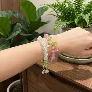 Dainty Peach Pink Camellia Beaded Bracelet | Sparkle Strawberry Quartz Adjustable Bracelet for Women Sweet Daily Wear