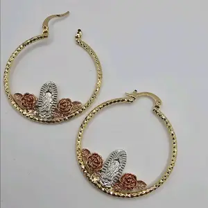 VIRGIN MARY hoops. with pink roses  earrings gold-plated