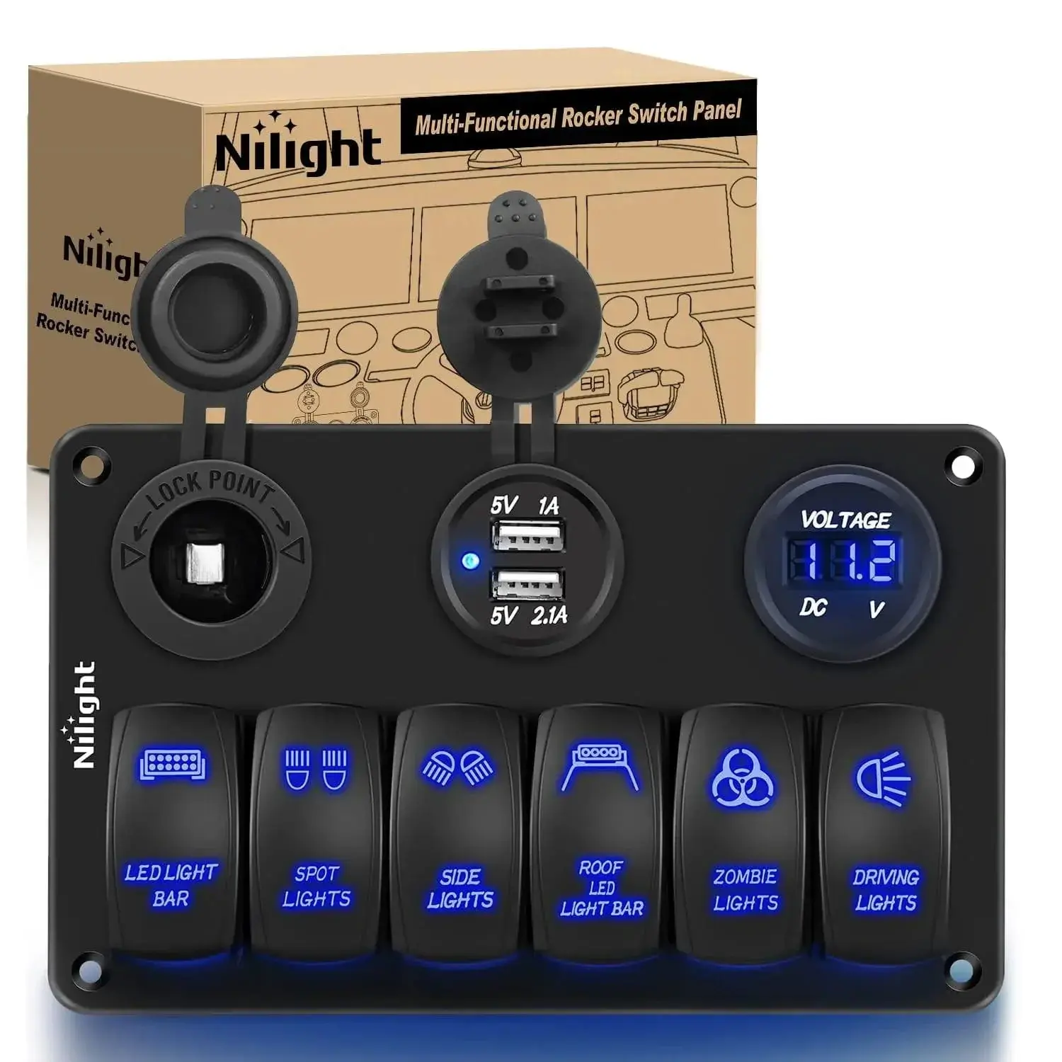 Nilight 6-Gang Aluminum Laser Rocker Switch Panel - Car Electrical Switchboard Accessory with LED Lights, Ambient Lighting, Dual USB Ports, Voltage Monitor, Mounting Screws