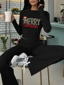Women's Merry Christmas Print Long Sleeve Top & Wide Leg Pants Set, Casual Slim-Fit Spring Fall, 2-Piece Women's Clothing
