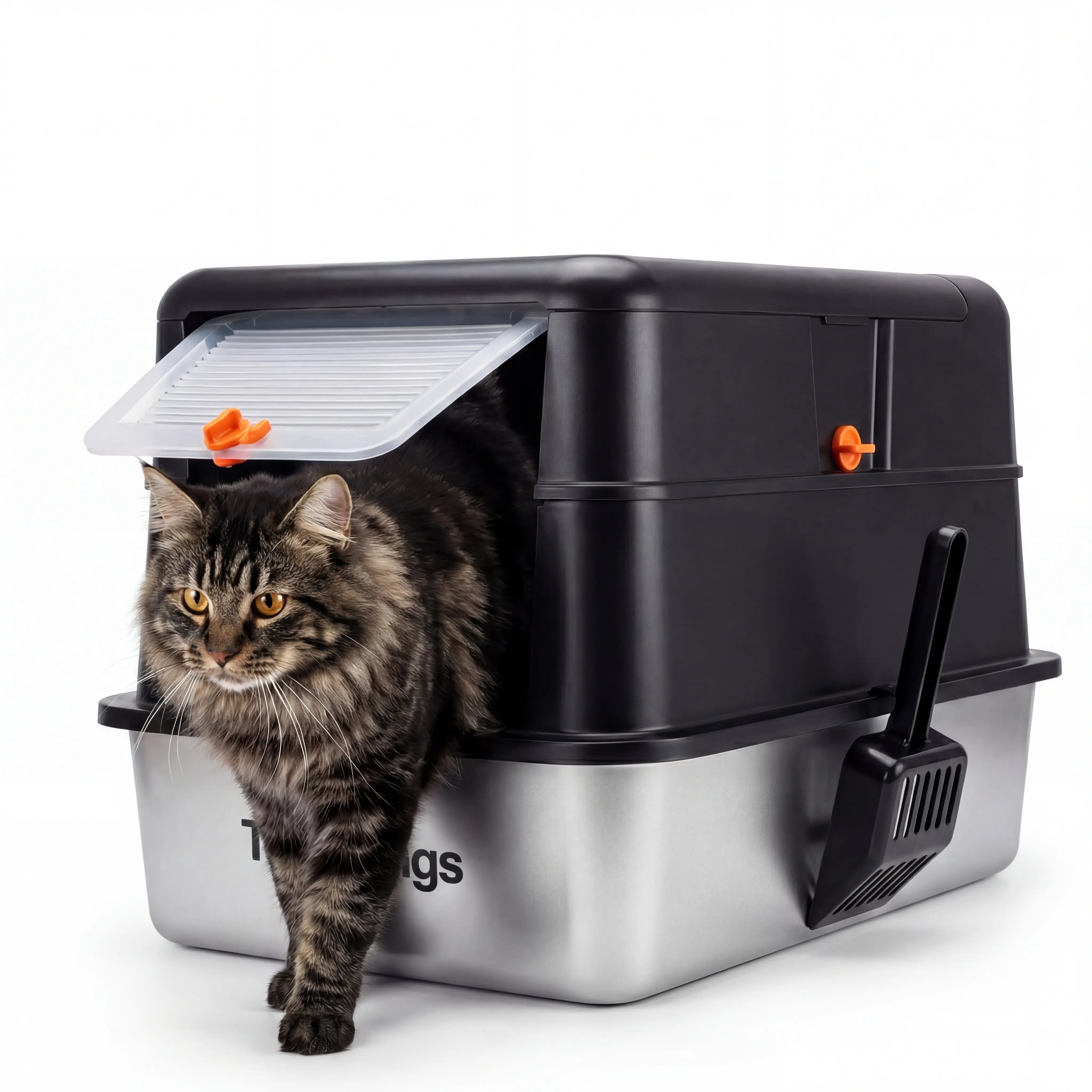 Topyangs  Stainless Steel Cat Litter Box with Lid: The enclosed design and high sides effectively prevent litter from spilling, and the flip-top lid makes cleanup easy and hassle-free. Cat litter box.