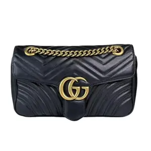 Pre-owned GUCCI Leather Crossbody Bags Black Medium GG Marmont Flap Crossbody Bag with Quilted Design and Gold Chain Strap