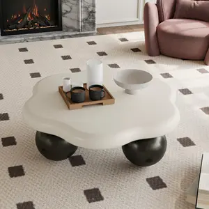 35" Cream Cloud-Shaped Coffee Table - Petal-Designed Modern Minimalist, MDF Surface, Bubble Legs Base, Kid Safe Edges, 1-Minute Set-Up, Space-Saving for Small Apartments' Living Room & Minimalist Bedroom, ø90xh35 cm