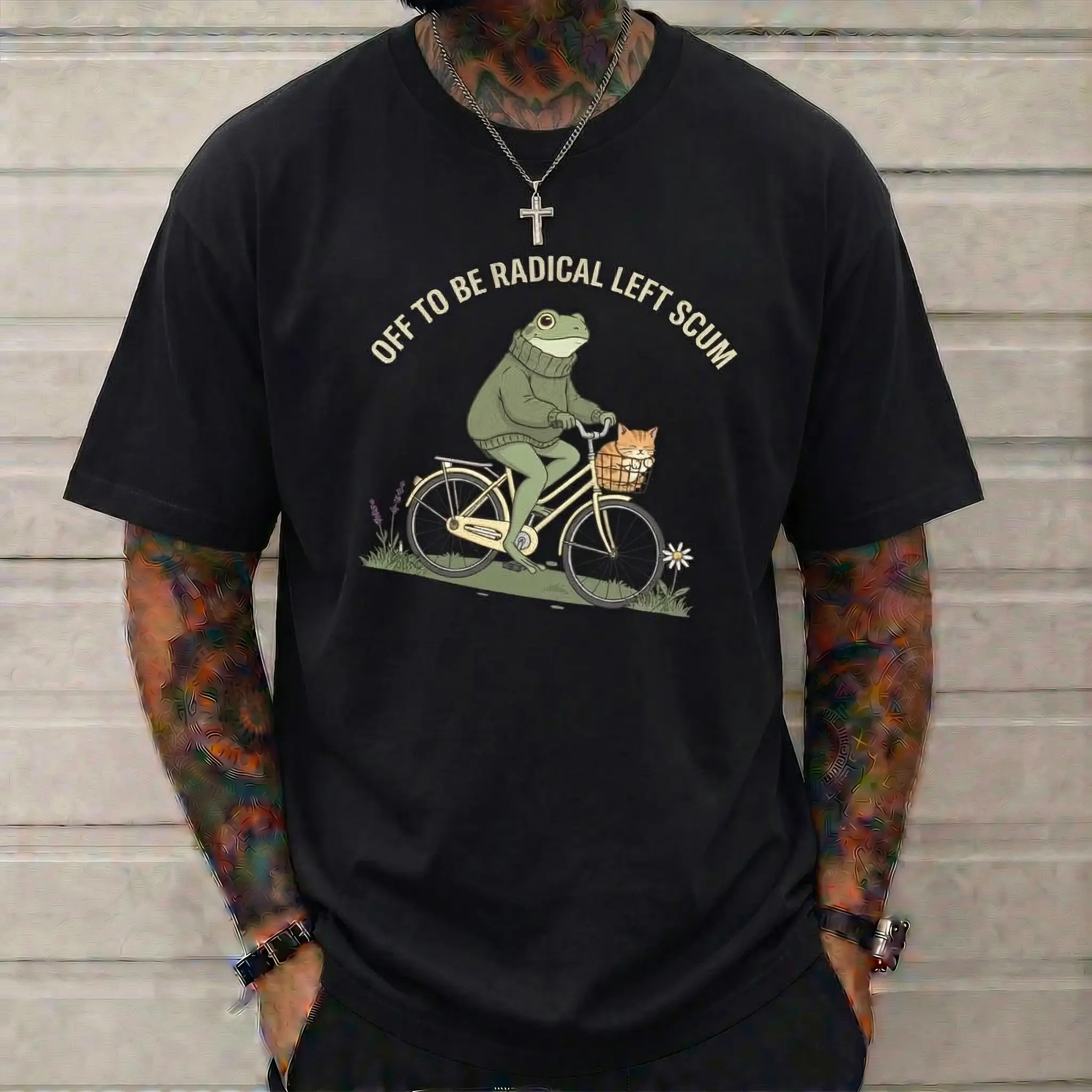 Men's Crew Neck Cotton Radical Left Scum Funny Frog Graphic Tee - Ironic Cottagecore Shirt, Streetwear Fashion, Cold Wash Compatible