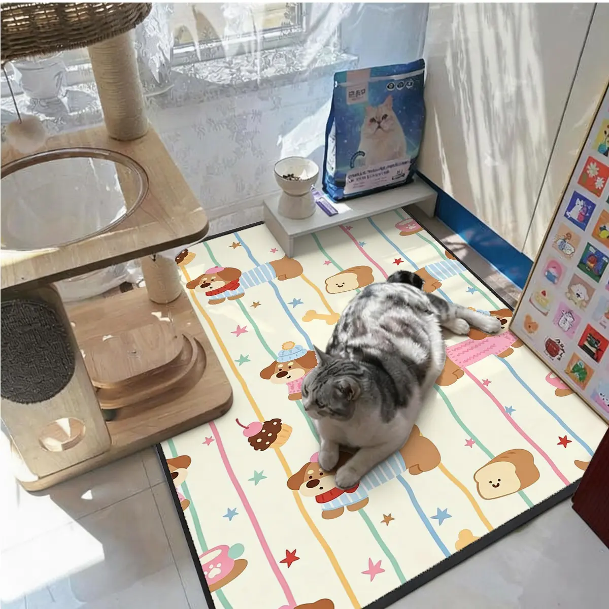 Cute Cartoon Pet Floor Mat, Non-Slip, Easy to Clean, Reusable, Suitable for Dogs and Cats, Multiple Sizes Available, Ideal for Training and Feeding Areas