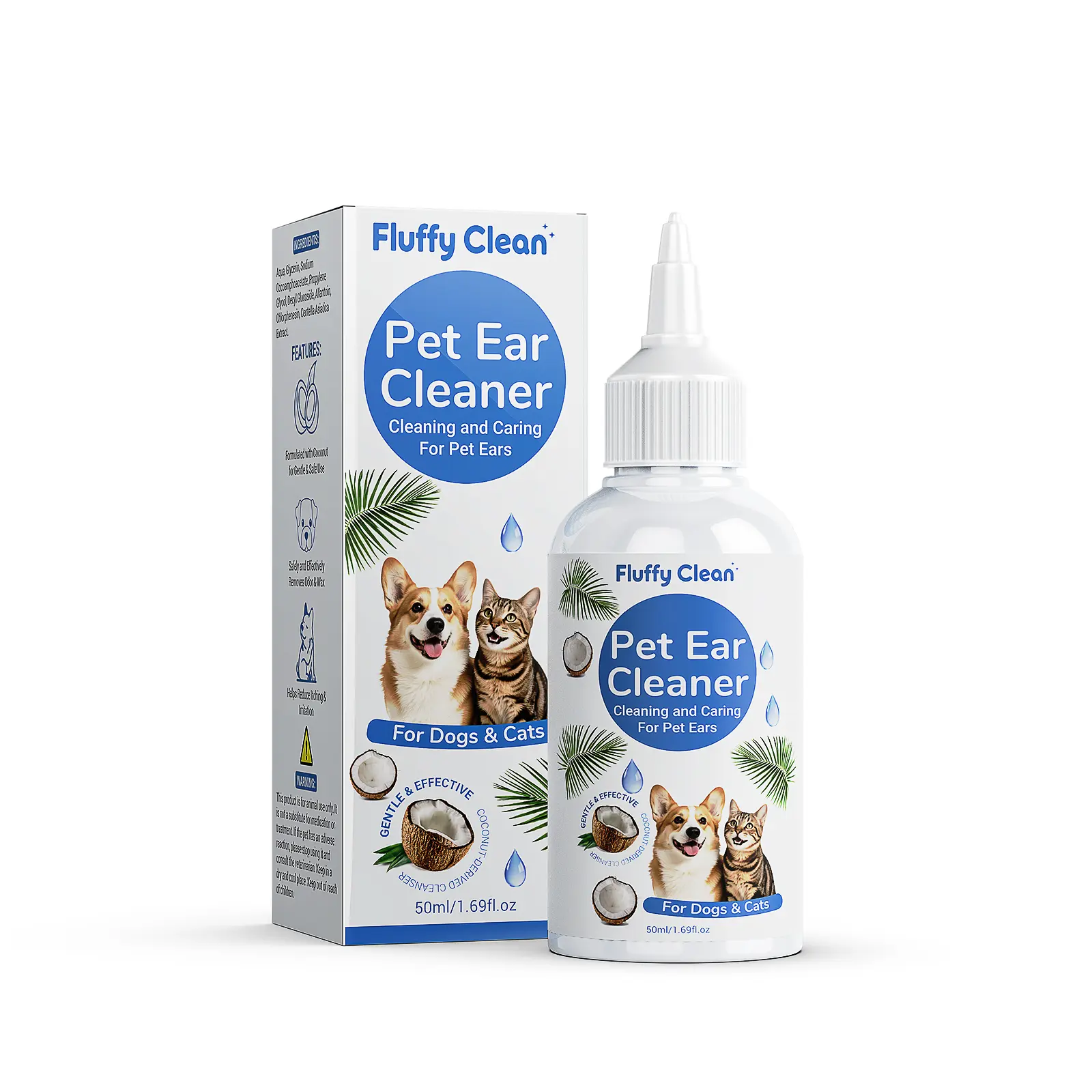 Fluffy Clean Dog & Cat Ear Cleaner – Gentle Ear Wash to Remove Wax, Dirt & Odor – Helps Soothe Itchy Ears & Support Healthy Ears – Safe Daily Cleaning Drops