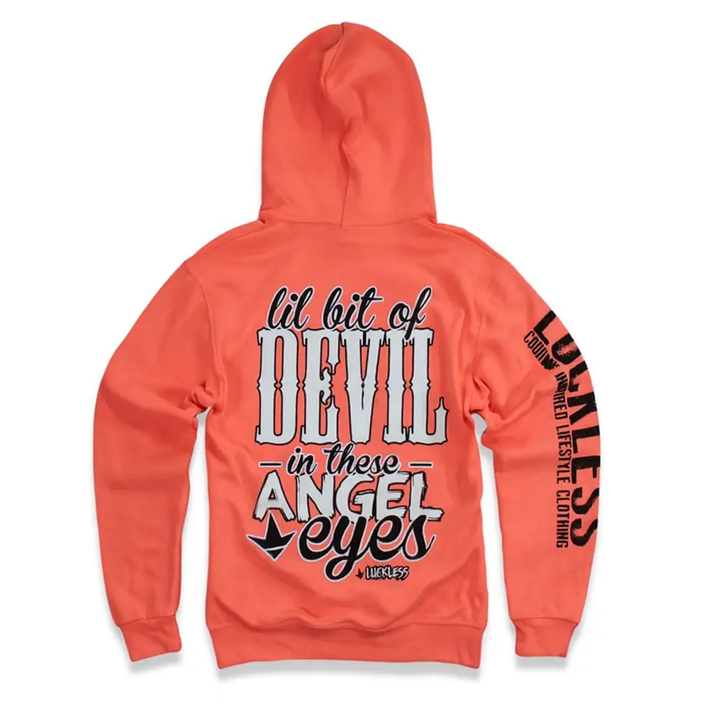 Lil Bit of Devil in These Angel Eyes | Women's Warm Country Hoodie in Coral by Luckless Outfitters