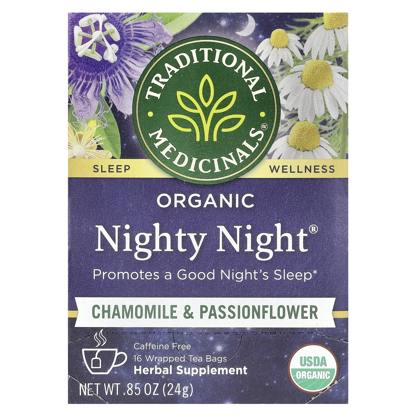 Traditional Medicinals Organic Nighty Night®, Chamomile & Passionflower, Caffeine Free, 16 Wrapped Tea Bags, 0.85 oz (24 g)