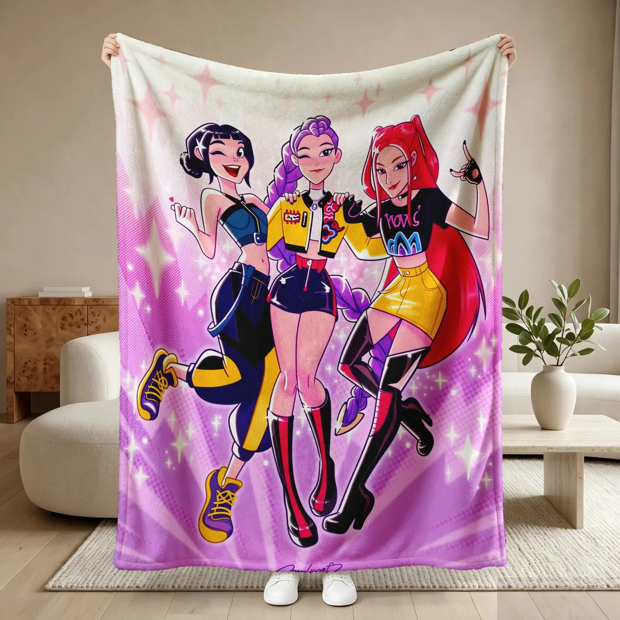 K-Pop Demon Hunter Flannel Blanket Set, Soft Multi-Purpose Printed Throw for Sofa, Bed, Office and Home Decor, Cozy Blanket Gift for K-Pop Fans