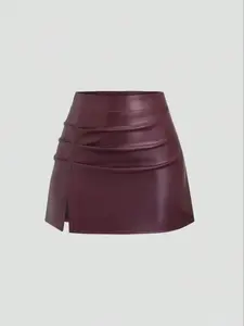 Elegant Chic Vintage Style High Waist Fit Pleated Brazilian PU Leather Side Slit Flare A-Line Mini Skirt, Perfect for Women Y2K Fashion