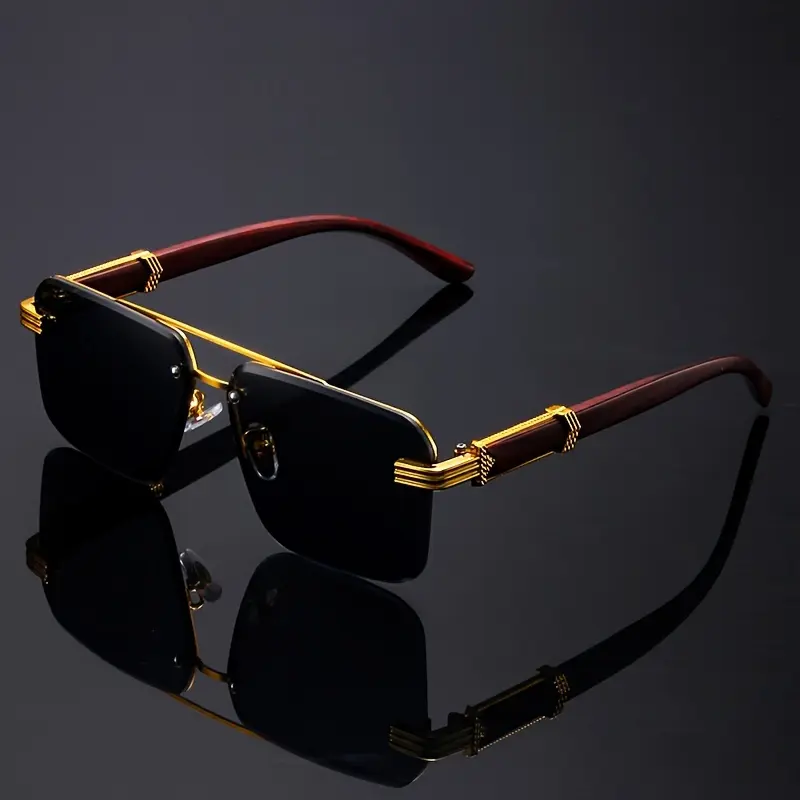 Statement Frame Glasses, Frameless Middle Eastern Style with Black & Red Wood Grain Finish and Gold Accents, Lightweight for Casual & Formal Wear, Eyewear Fashion