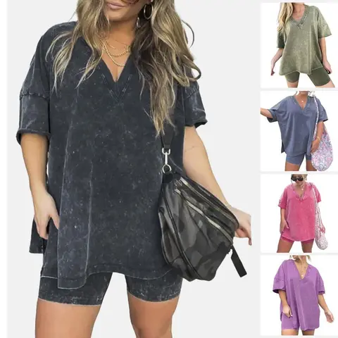 Women Washed 2 Piece Set Lounge Set Oversized Tops Biker Shorts V Neck Drop Shoulder Comfy Casual Clothing Basic Womenswear Suits Overalls  pjs loungewear loosewear