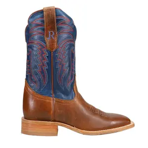 R. Watson Boots Mens Electric Blue Embroidered Wide Square Toe  Casual Boots Mid Calf - Brown