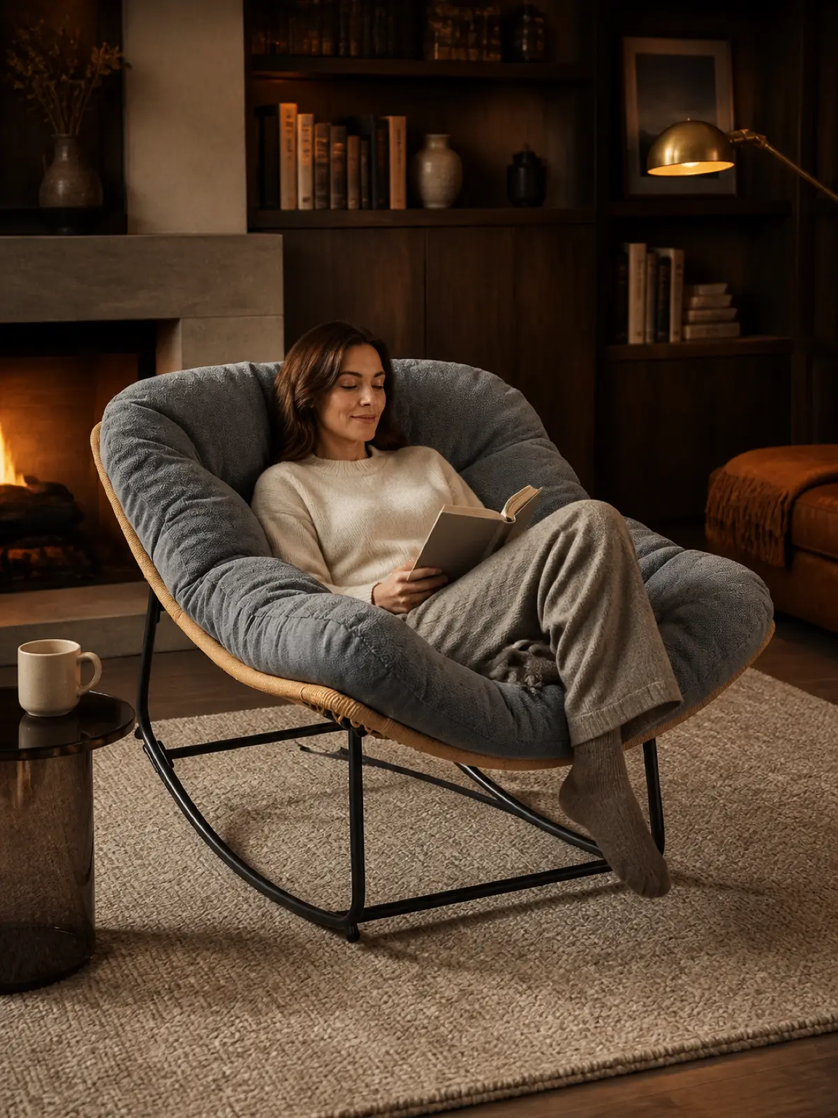 【Double-Side Fabric】ONBRILL Oversized Indoor Outdoor Rocking Chairs, Comfy Papasan Rocking Chair with Padded Cushion, Rattan Wicker Lounge Chair, Modern Reading Accent Chair for Balcony Garden, LivingRoom Furniture,Christmas Gift【TiktokShopStockUp】