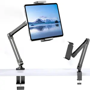 Tablet Arm Mount With Section Super Grip, Adjustable Foldable Holder & Aluminum 360° Rotating Clamp for iPad, Phone, Monitor, Kindle - Universal for Desk, Bed, Kitchen,POV Shot, Filming, Light, Webcam, Action Camera - Black