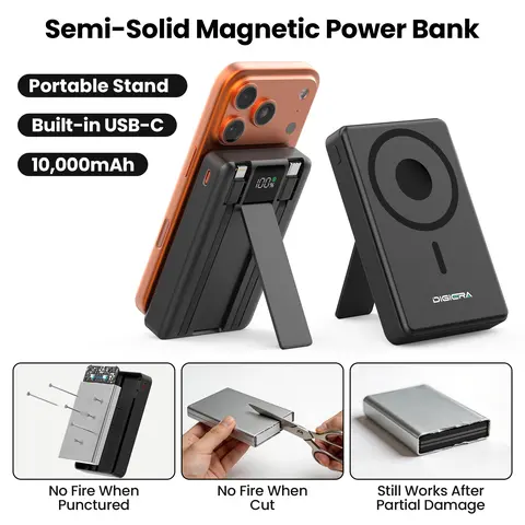 Digiera 3-in-1 Magnetic Portable Charger - 10000mAh High Capacity Battery Power Bank, Built-in Dual USB-C & Lightning Cables, 2026 Heat-Control Tech, LED Display, Fast Charging, Pocket Size, Compatible with iPhone 17/16/15/14/13/12 Series, Magneti