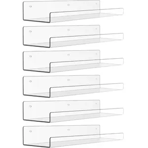 6-piece wall-mounted storage rack, 15inchx4inch children's floating bookshelf, bathroom, bedroom, living room, kitchen display rack storage rack, transparent