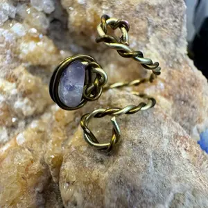 Purple Fluorite Handcrafted Wire Wrapped Adjustable Size Ring with Unique Twisted Design and Gemstone Centerpiece