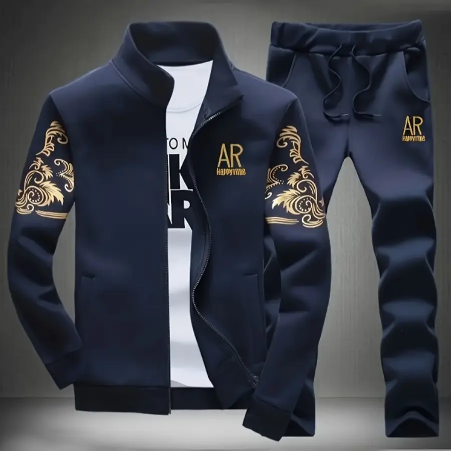 Men's Patterned 2-Piece Cardigan Set, a Versatile Set of Knitted Long Sleeve Jacket and Pants with Stand-Up Collar and Pockets for Autumn Outfits, Clothes, Mock Neck, Knitting, Fashion, Menswear, Soft, Stylish, Casual, Mens Clothing, Fabric, Polyester, 2