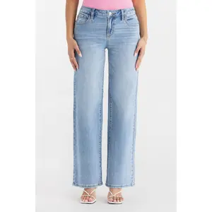 MissMe Tropez Baggy Wide Leg Jeans Light Wash Cotton Elastane Gothic Embroidered Detail 5 Pocket Design Below Ankle Hem