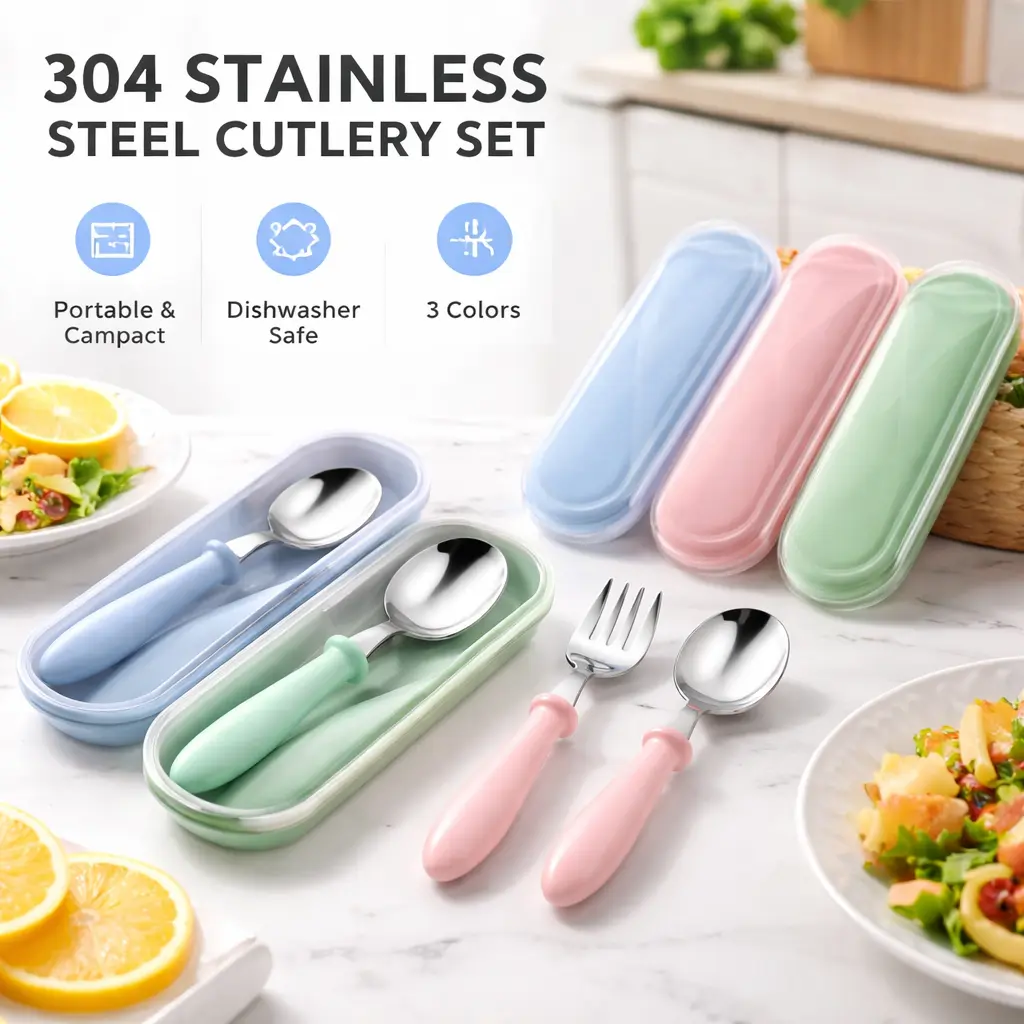 Kids 9pcs Sturdy Metal Tableware Set - Unisex Portable Mini Stainless Steel Cutlery (Fork, Spoon Scoop Combo) with Round Handle, Travel Case, Dishwasher Safe, Travel Ready for Self-Feeder Lunchbox Use