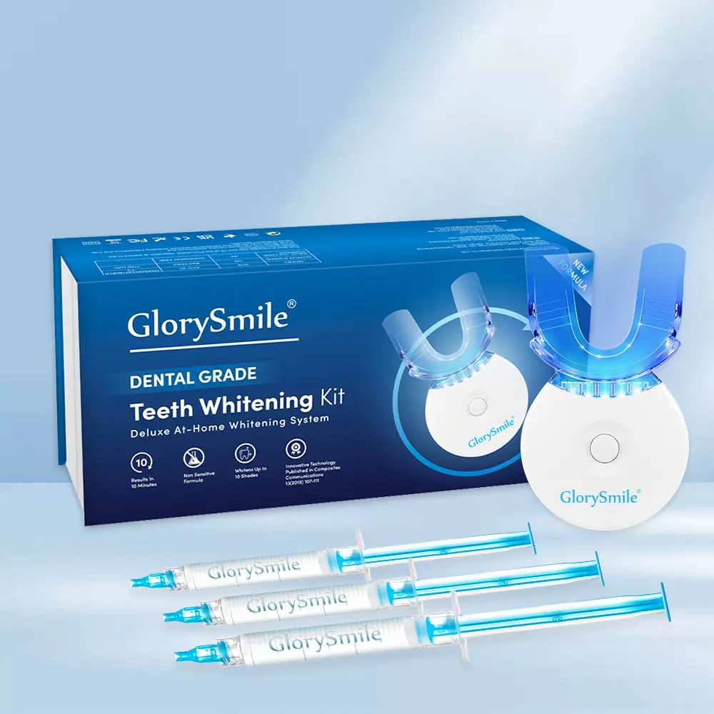 GlorySmile Teeth Whitening Kit, includes LED light, 10-minute rapid whitening, and 3 tubes of carbamide peroxide gel.