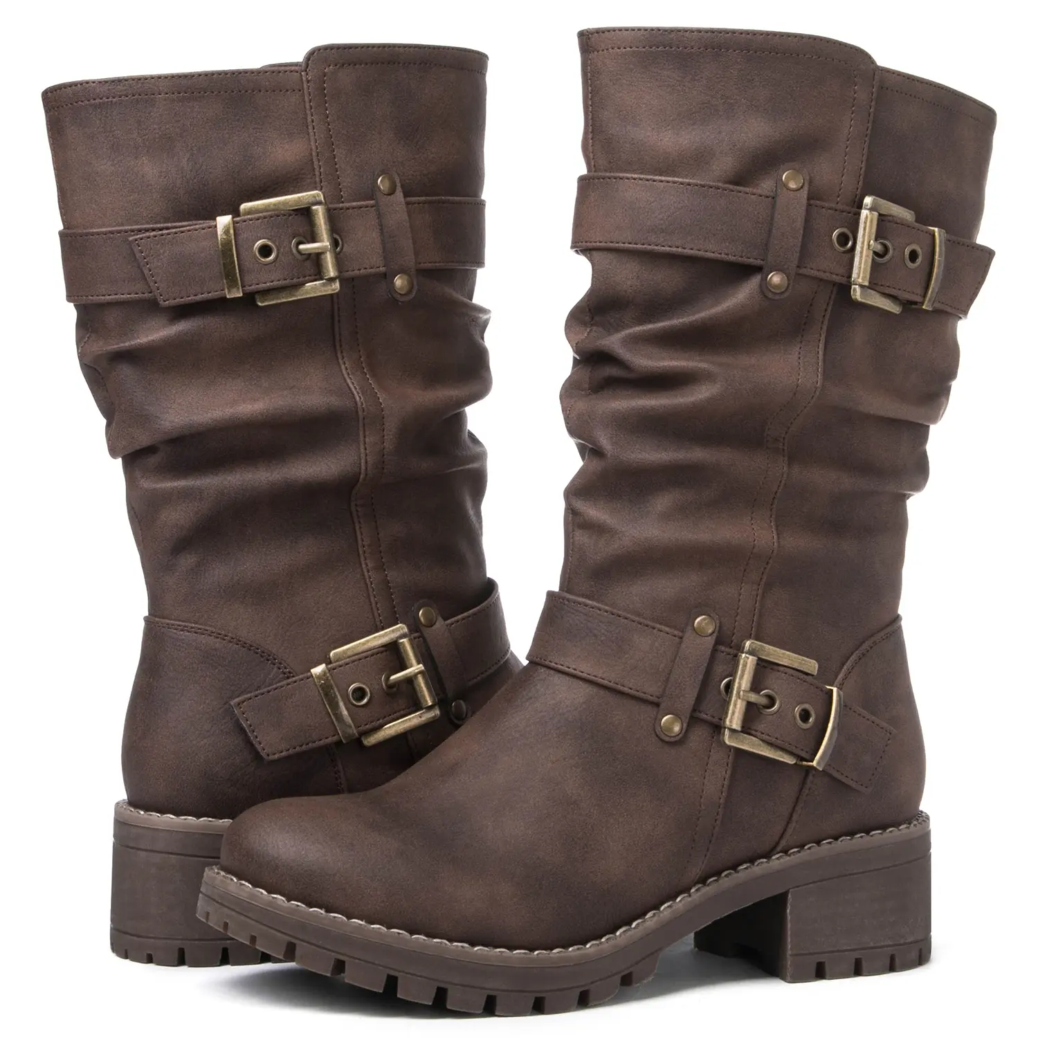 GLOBALWIN Women's Motorcycle Boots Fall Fashion Mid Calf Boots For Women Low Heel Stylish Comfortable Biker Boots