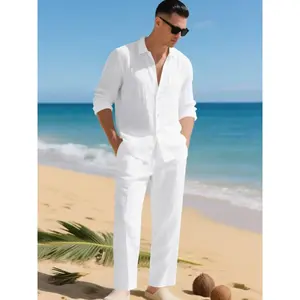 Men’s Linen Two-Piece Set, Classic Button-Up Shirt & Drawstring Pants, Breathable Fabric for Beach Vacations, Casual Outdoor Wear GARMENTARY
