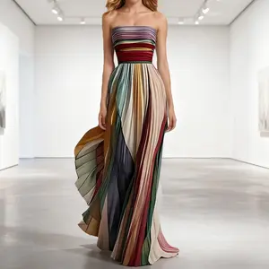 Sexy Strapless Women's Maxi Dress - Vibrant Printed Colorful Fashion Style