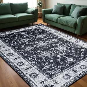 Black/White Washable Faux Wool Throw Area Rug for Living Room, 0.3 in Non Slip Low Pile Vintage Boho Carpet for Ding Room, Home Office, Bedroom, Kids Room, Bedside, 4x6, 5x7, 6x9, 8x10, 9x12 Feet