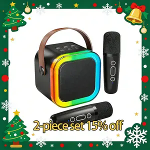 Mini karaoke machine for all ages,with 2 wireless microphones, Bluetooth5.3 portable speaker, with LED lights.Birthday gift for boys and girls, ages 5-12+ldeal for Christmas, camping,indoor andoutdoor parties.Can be connected to asmartphone Audio