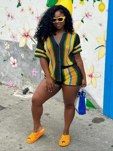 two-piece set women's striped print crop knit top & shorts set, casual curvy fashion cozy knitwear set for daily outdoor wear, ladies clothes for summer, matching set outfit, womenswear, casual outfits women, shortsleeve