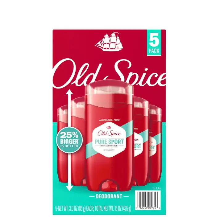 Old Spice Aluminum-Free High Endurance Deodorant, Pure Sport Scent, 48-Hr Protection, 3.0 oz, 5-Pack
