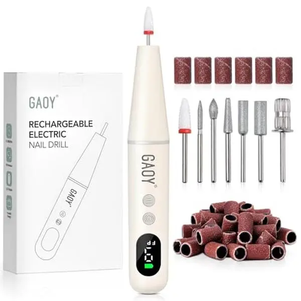 GAOY Cordless Nail Drill, Electric Nail File with Display, Milky White | Acrylic Gel Nails, Hand Feet Thick Nails Trimmer Buffer Tool, Lightweight Low-Noise, Gift for Women, Nail Art Beginner
