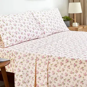Queen Size 100% Cotton Percale Sheet Set – Ultra Soft Cooling Breathable Bed Sheets, Deep Pocket Fitted (14”), Floral 4 Piece Bedding Set, Ditsy Flower Sheets Queen