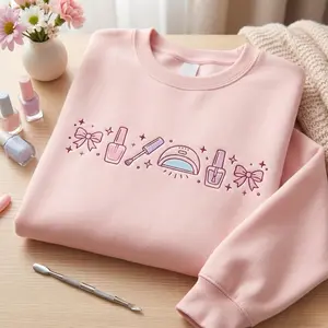 Cute Nail Art Embroidered Sweatshirt, Pink Beauty Aesthetic Sweater, Nail Tech Lover Gift, Cozy Girly Self Care Pullover