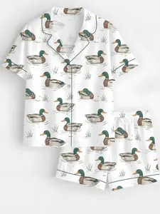 Women’s Watercolor Mallard Duck Duck Hunting Short Sleeve Satin Pajama Set
