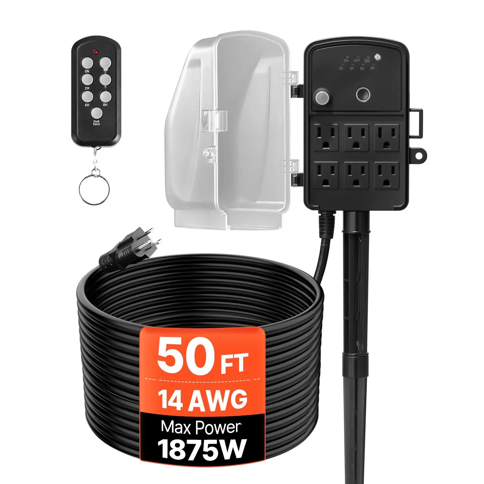 Outdoor Power Stake 50 Ft Extension Cord Weatherproof Power Strip With Cover, Remote Dusk-To-Dawn Timer, Waterproof 6 Outlets 1875W/15A, Ideal For Christmas Lights, Garden Lighting, Patio, Yard Decor, Outdoor Electrical Setup