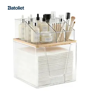 2 in 1 Disposable Facial Towel Holder and Cosmetic Organizer, Clear Storage with Bamboo Lid Compatible with Clean Skin Club Towel XL, Stackable Vanity Organizer for Bathroom Vanity Counter, 2 Tier and a Perfect Mother's Day Gift Choice.