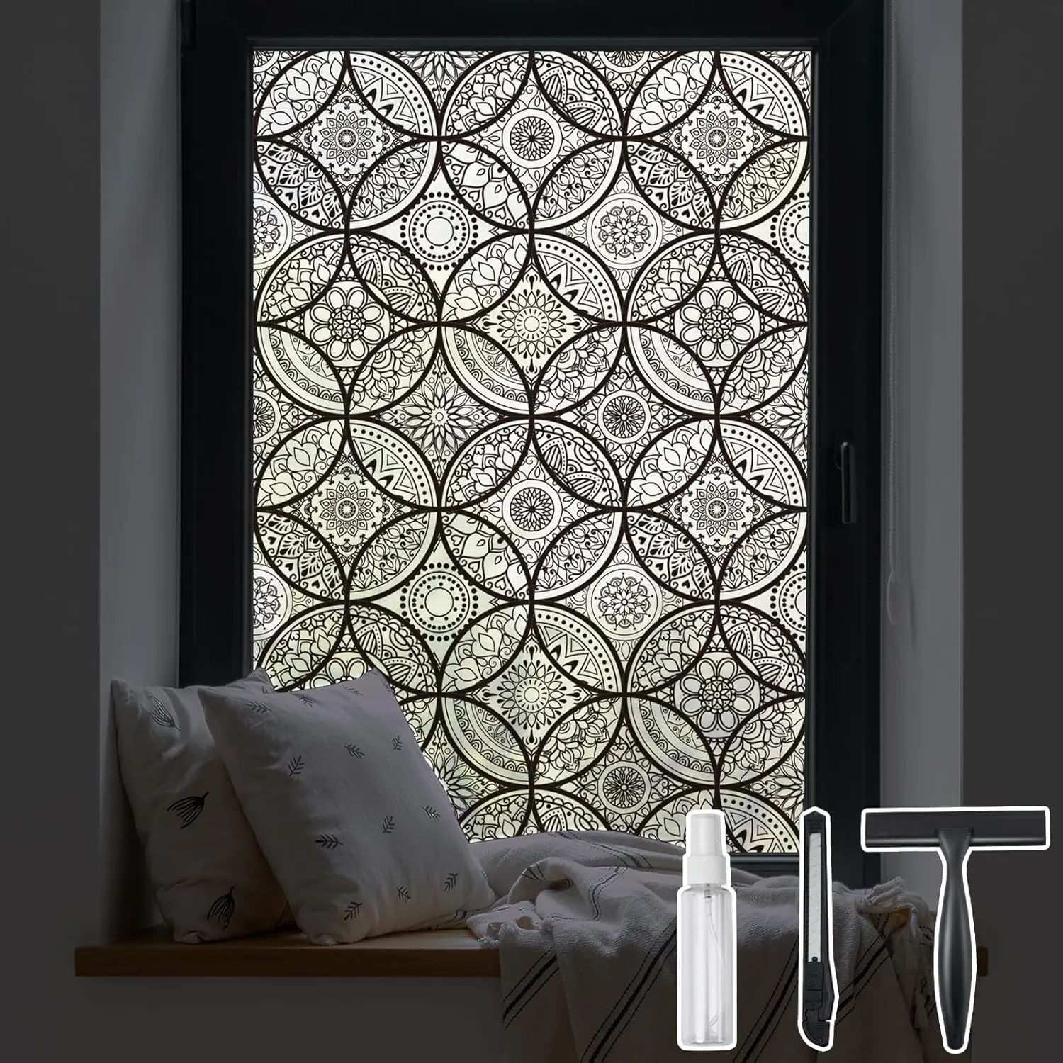Boho Stained Glass Look Window Privacy Film with Installation Tools Decorative Frosted Glass Window Film Static Cling No Glue Removable, Pure Black, 17.7" x 78.7"