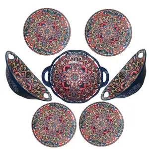 Bohemian Style Ceramic Dinnerware Set, 7-Piece Microwave & Oven Safe, Includes Dessert Plates, Pasta Bowls, Perfect for Large Families, Ceramic Dish Set
