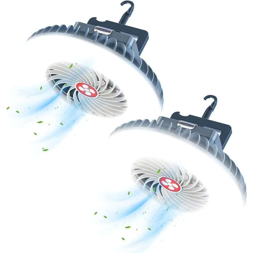 Portable Camping Tent Fan with LED Lantern USB Rechargeable Waterproof with Hanging Hook Magnet Survival Kits for Indoor Outdoor Hiking Car Office Desk Outdoor Emergency Power Outage 2-pack