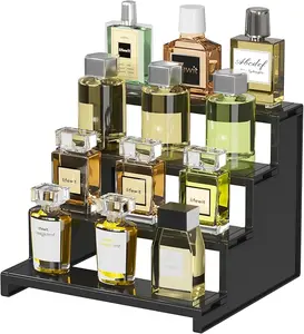 Plastic 9 Inch Dark Cologne Stand, Step Perfume Organizer, Tool-free Assembly, Display Stand Shelf for Fragrance, Skincare, Figurine