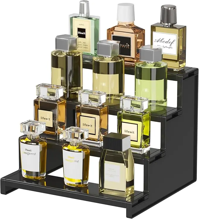 Plastic 9 Inch Dark Cologne Stand, Step Perfume Organizer, Tool-free Assembly, Display Stand Shelf for Fragrance, Skincare, Figurine