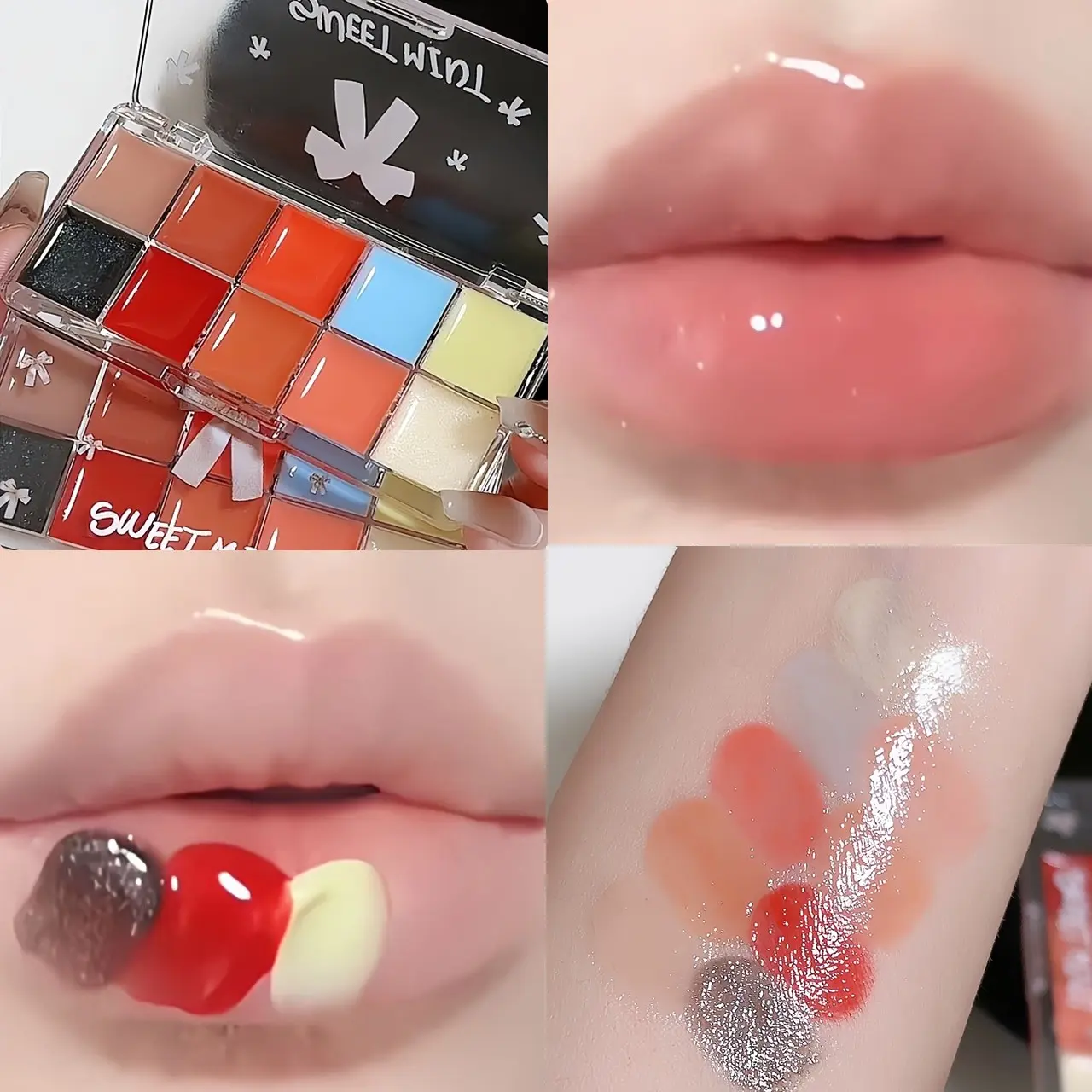 Sweet Mint  Mini 10-color lip gloss palette, natural moisturizing, transfer-resistant, glossy mirror-finish lipstick/lip glaze, hydrating and protecting lips, customizable colors.