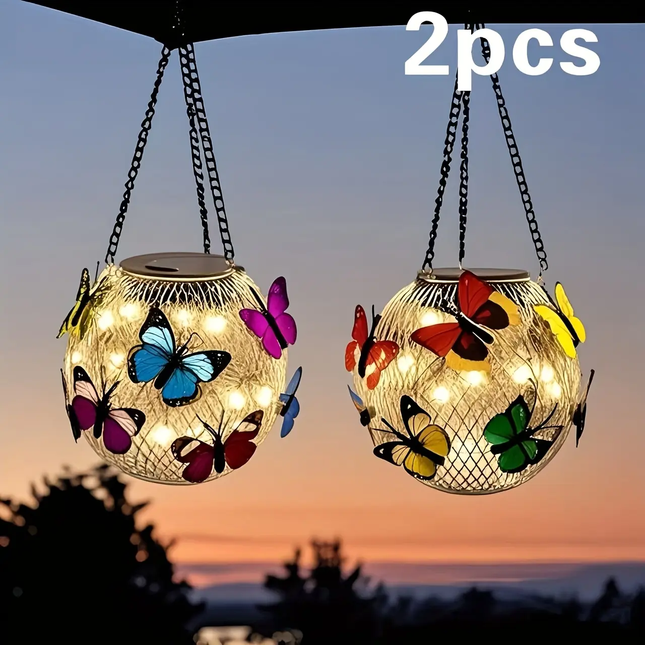 2-Pack Solar Powered Hanging Lights, Butterfly Motif Globe Lanterns for Outdoor Patio Porch Garden Decor