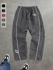 Men's Lightweight Comfortable Casual Sports Pants, Fashion Print Running Pants, Elastic Drawstring Design, All Season Wear
