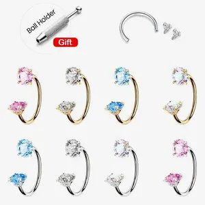 Melighting 20G Horseshoe Nose Rings Stainless Steel 316L Double Cubic Zirconia Threadless Push in Nose Stud Hoop Piercing Body Jewelry with Free Ball Holder Tool